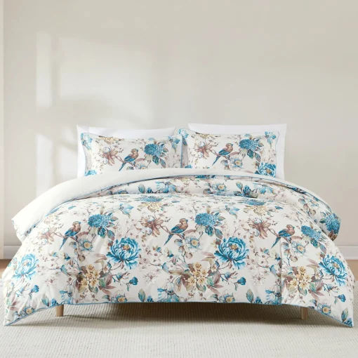 Bird And Hydrangea Reversible Cotton Duvet Cover Set