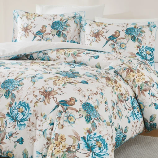 Bird And Hydrangea Reversible Cotton Duvet Cover Set