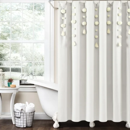 Boho Pom Pom Tassel Faux Linen Shower Curtain