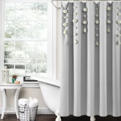 Boho Pom Pom Tassel Faux Linen Shower Curtain