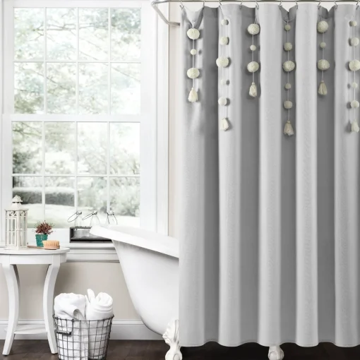Boho Pom Pom Tassel Faux Linen Shower Curtain