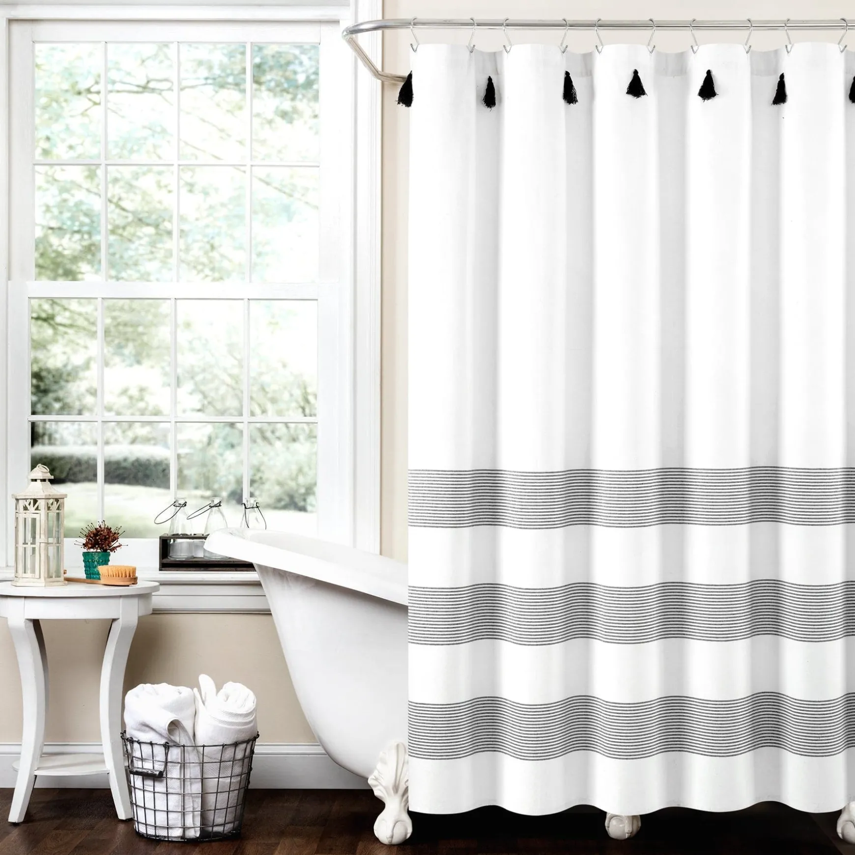 Boho Tassel Stripe Yarn Dyed Recycled Cotton Blend Shower Curtain