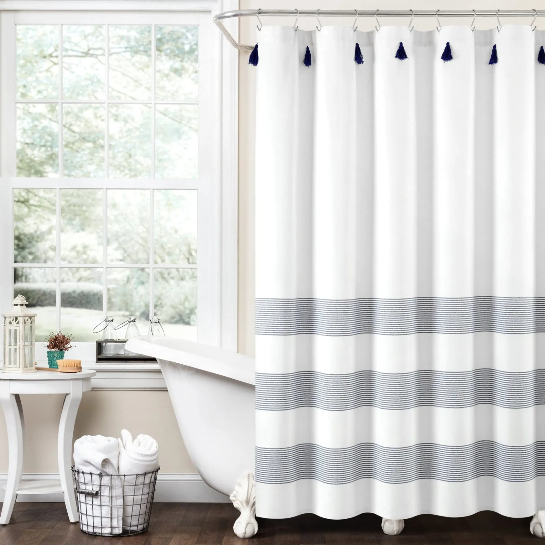 Boho Tassel Stripe Yarn Dyed Recycled Cotton Blend Shower Curtain