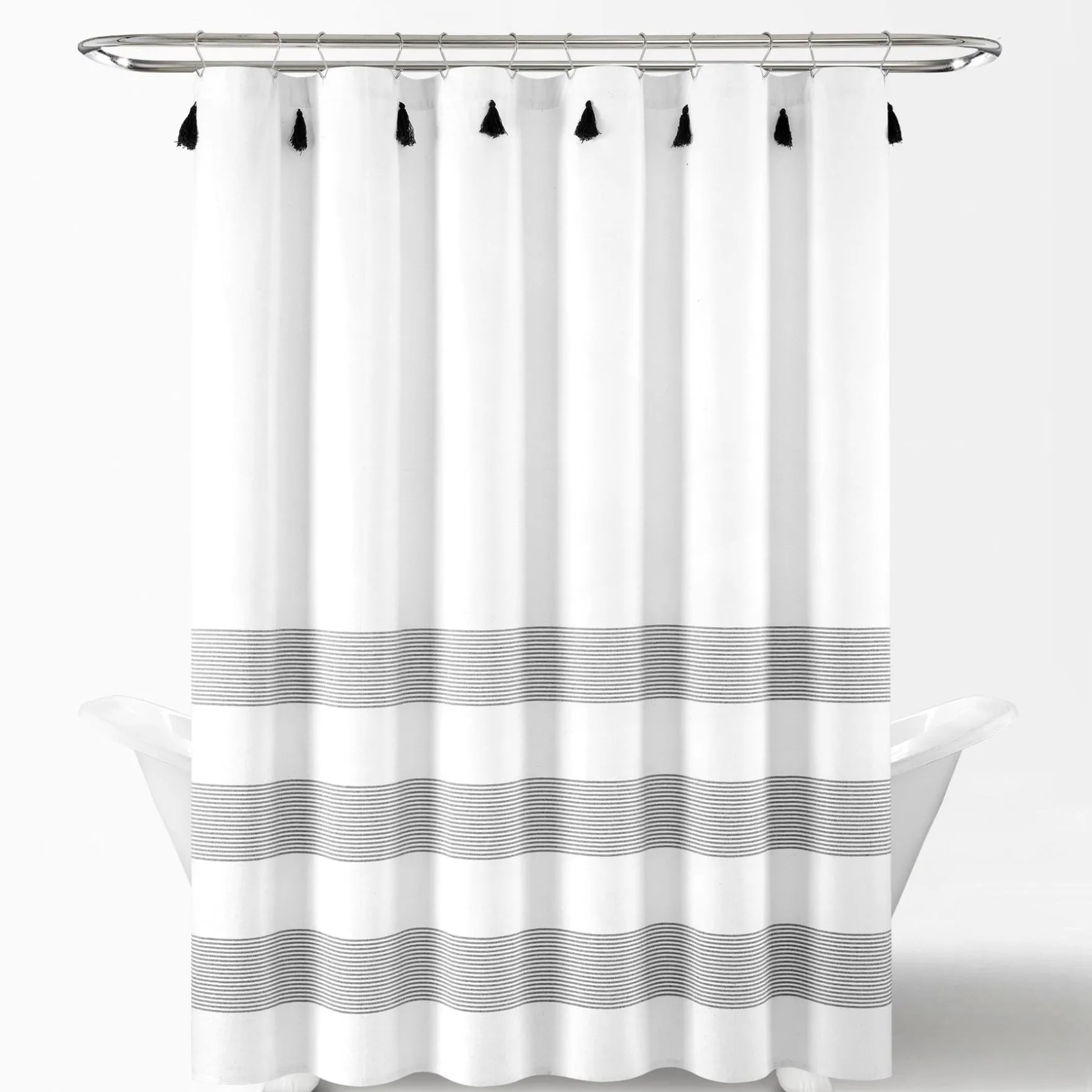 Boho Tassel Stripe Yarn Dyed Recycled Cotton Blend Shower Curtain