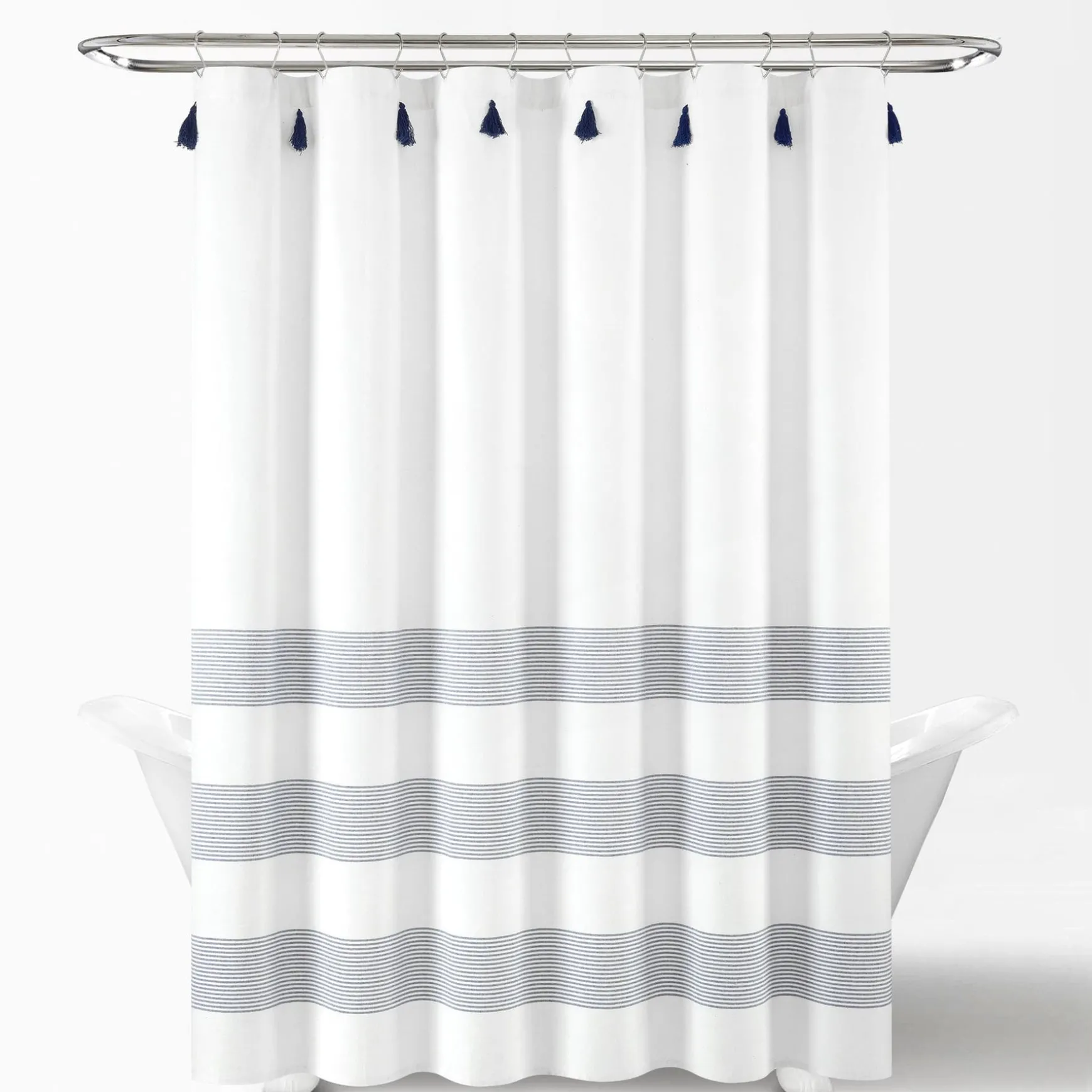 Boho Tassel Stripe Yarn Dyed Recycled Cotton Blend Shower Curtain