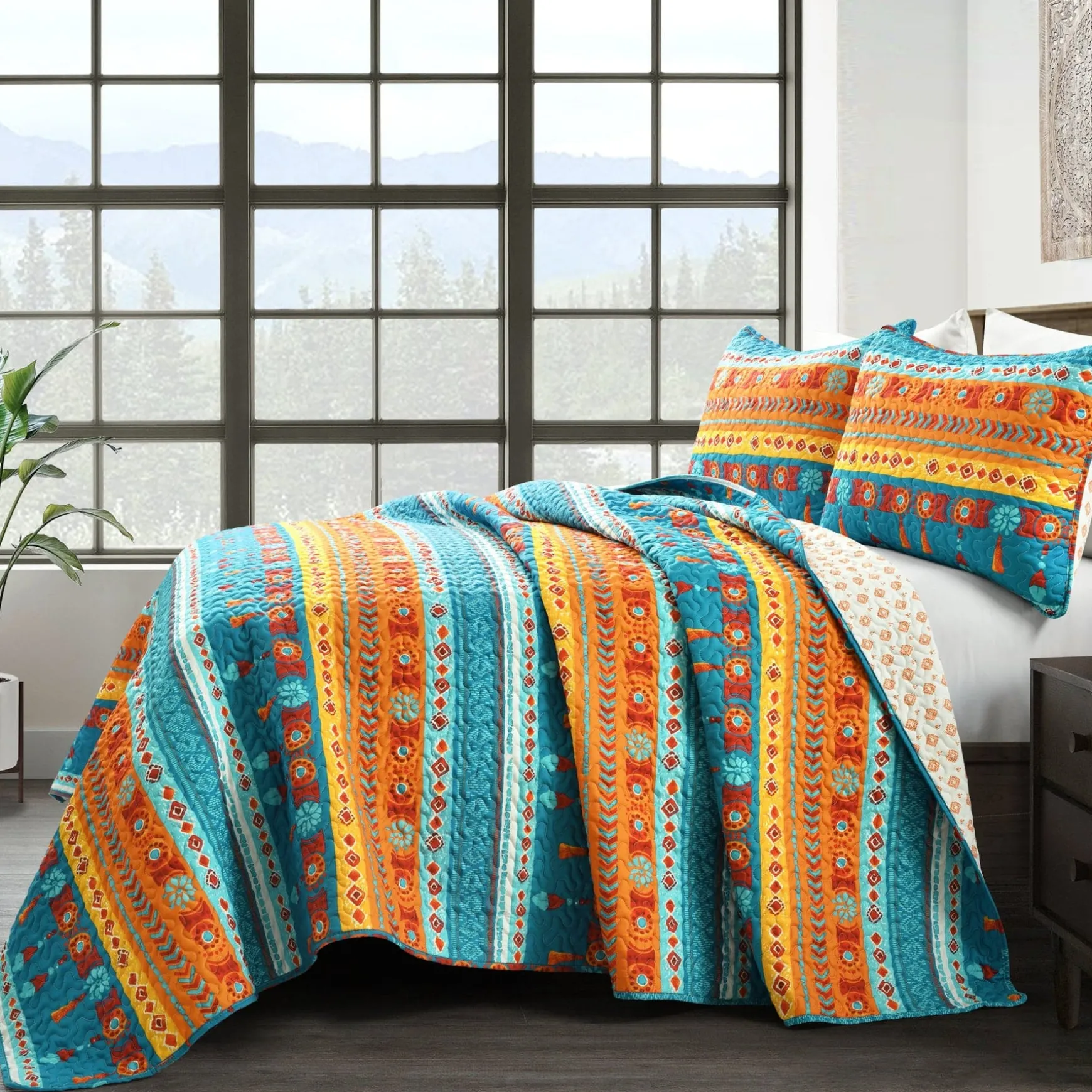 Boho Watercolor Border Quilt 3 Piece Set