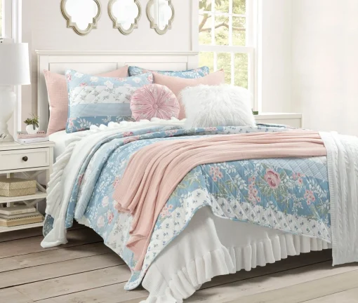 Cottagecore Flower Stripe Cotton Quilt 3 Piece Set