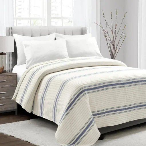 Farmhouse Stripe Kantha Pick Stitch Yarn Dyed Cotton Woven Blanket/Quilt/Coverlet