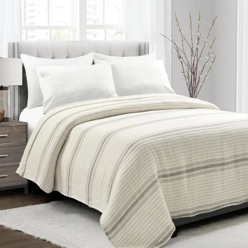 Farmhouse Stripe Kantha Pick Stitch Yarn Dyed Cotton Woven Blanket/Quilt/Coverlet