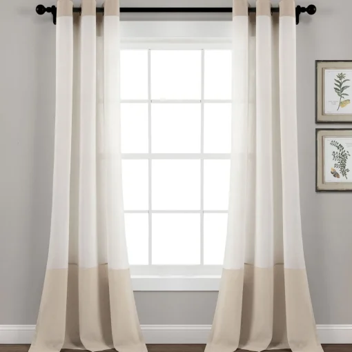 Faux Linen Grommet Color Block Window Curtain Panel