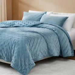 Haven Velvet Embroidered Stitch Cozy Super Soft Quilt 3 Piece Set