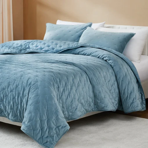 Haven Velvet Embroidered Stitch Cozy Super Soft Quilt 3 Piece Set