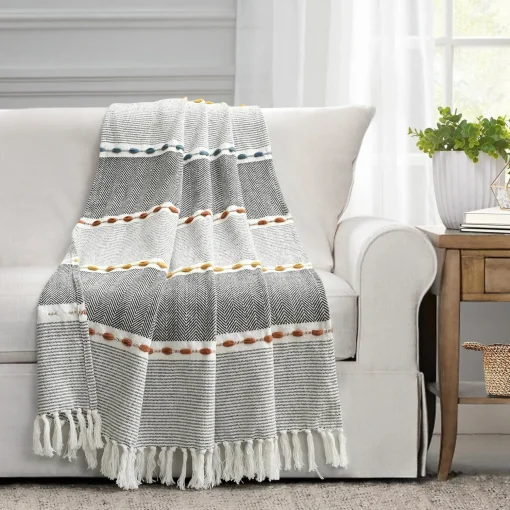 Herringbone Stripe Yarn Dyed Cotton Woven Tassel Throw