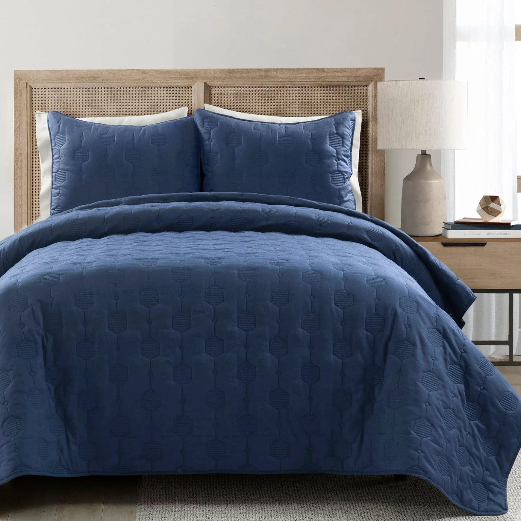 Hexagon Honeycomb Textured Cotton Quilt 3 Piece Set