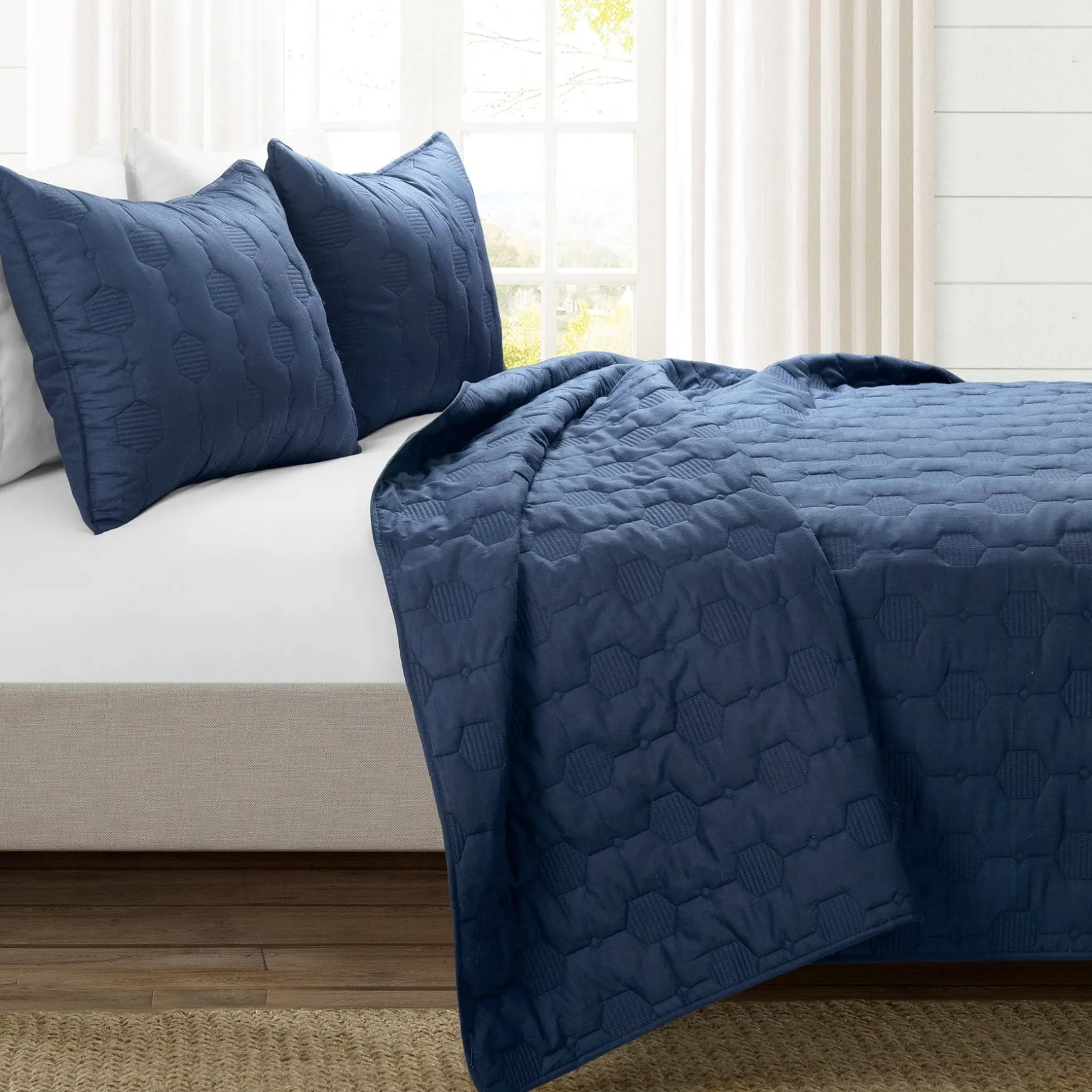 Hexagon Honeycomb Textured Cotton Quilt 3 Piece Set