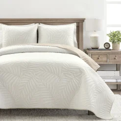 Isla Embroidered Leaf Reversible Cotton Quilt 3 Piece Set
