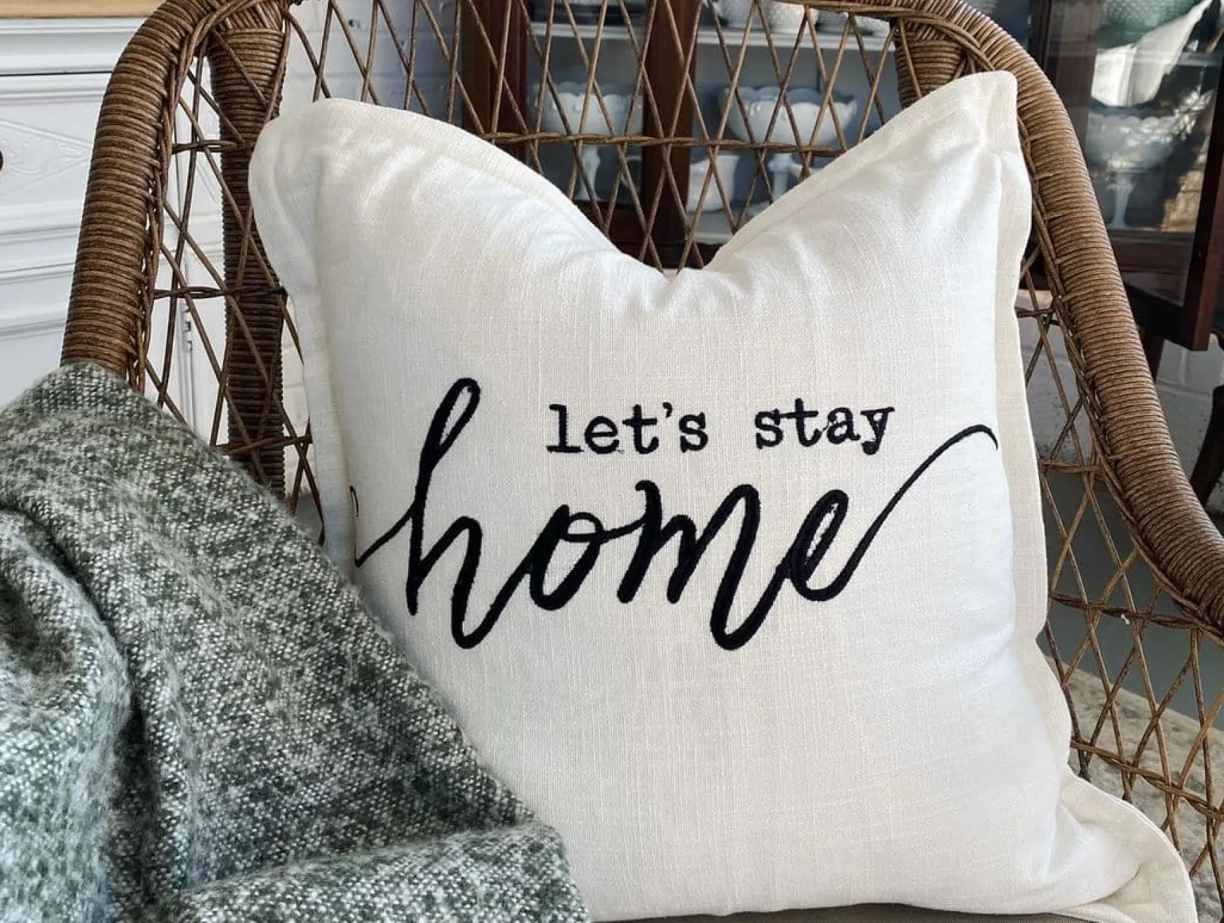 Let's Stay Home Script Decorative Pillow Cover