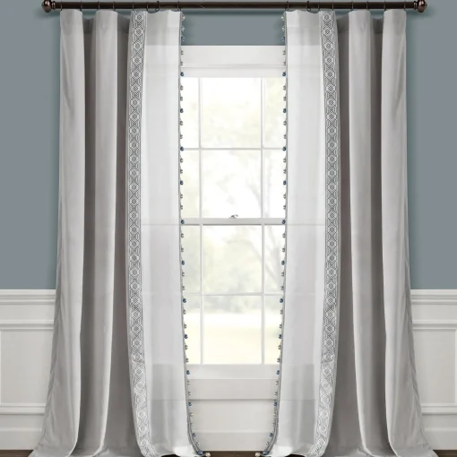 Luxury Vintage Velvet & Sheer With Border Pompom Trim Window Curtain Panel