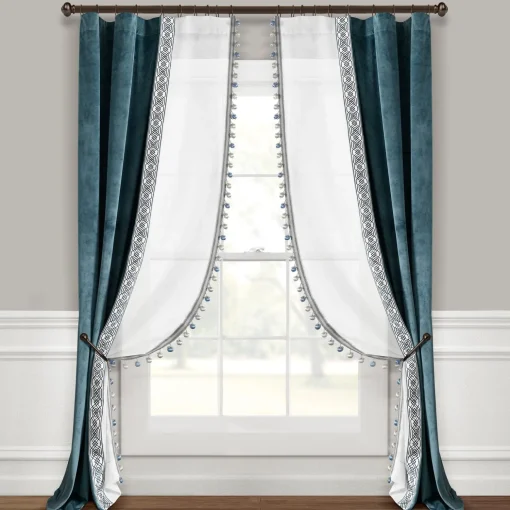 Luxury Vintage Velvet & Sheer With Border Pompom Trim Window Curtain Panel