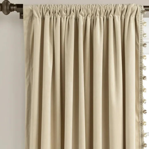 Luxury Vintage Velvet With Silky Pompom Trim Window Curtain Panel