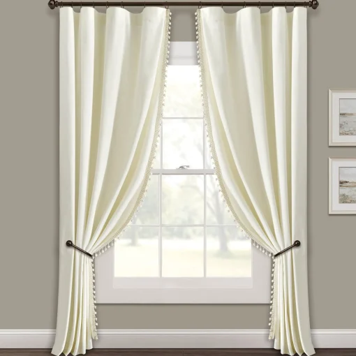 Luxury Vintage Velvet With Silky Pompom Trim Window Curtain Panel