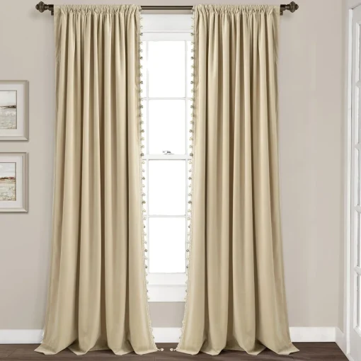 Luxury Vintage Velvet With Silky Pompom Trim Window Curtain Panel