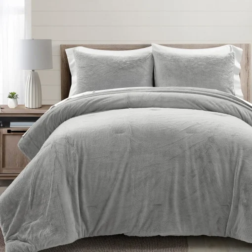 Modern Solid Ultra Soft Faux Fur Comforter Bed In A Bag