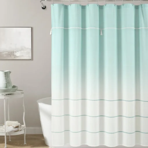 Ombre Embroidery Tassel Cotton Shower Curtain