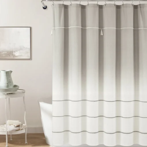 Ombre Embroidery Tassel Cotton Shower Curtain