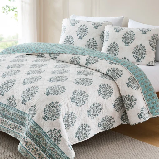 Sofia Flower Block Bouquet Reversible Cotton Quilt 3Pc Set