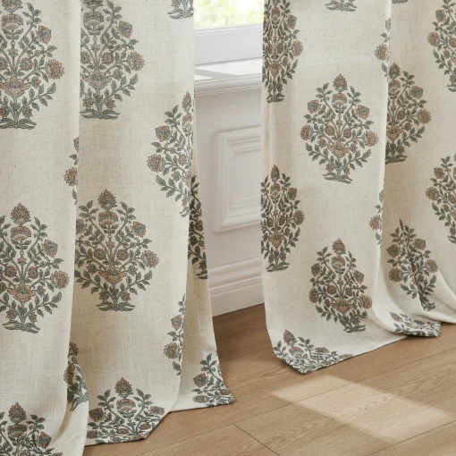 Sofia Flower Block Bouquet Linen Textured Window Curtain Panels
