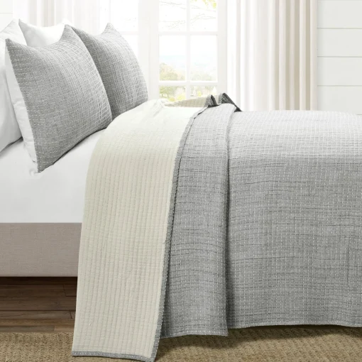 Solid Kantha Pick Stitch Yarn Dyed Cotton Woven Quilt/Coverlet Set