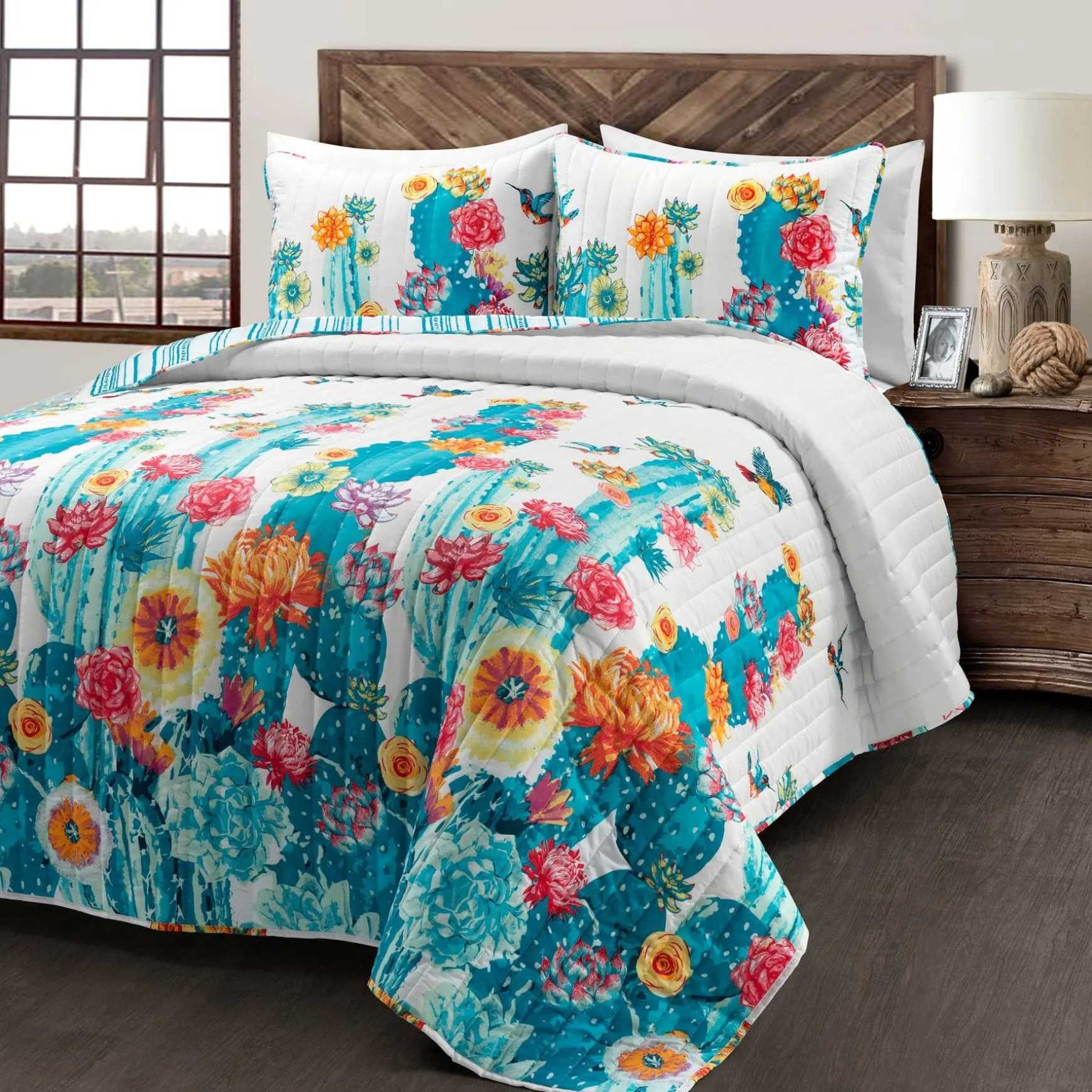 Southwest Vibrant Cactus Reversible 3 Piece Quilt Set