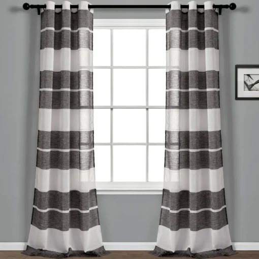 Textured Stripe Grommet Sheer Window Curtain Panel Set