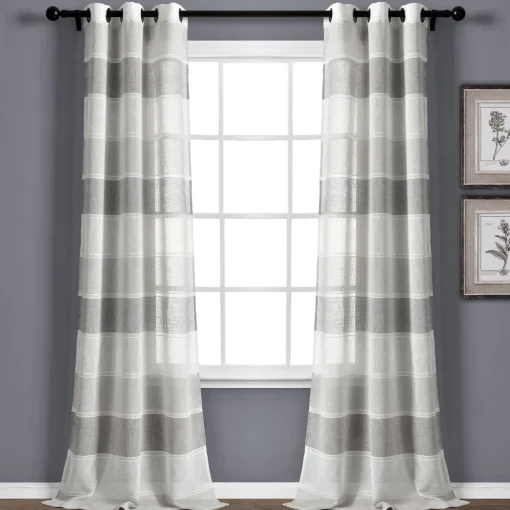Textured Stripe Grommet Sheer Window Curtain Panel Set