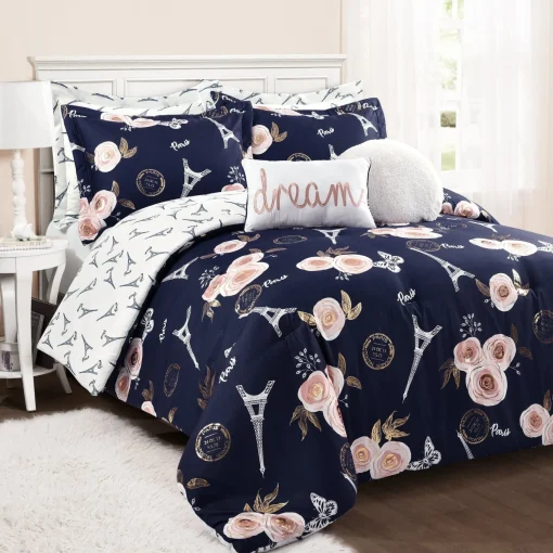 Vintage Paris Rose Butterfly Script Comforter Set