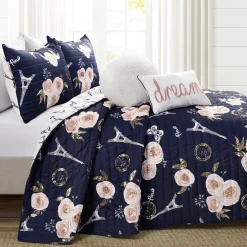 Vintage Paris Rose Butterfly Script Quilt Set