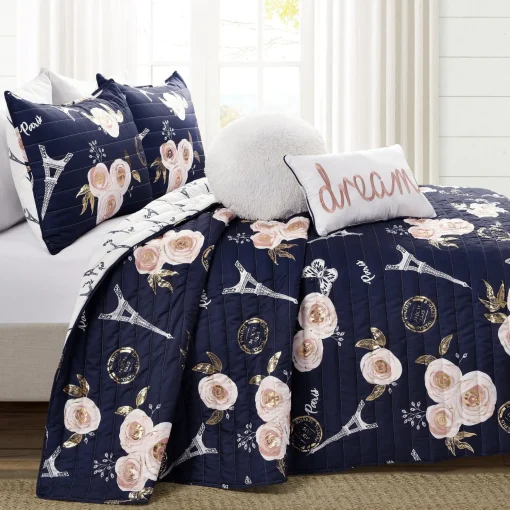 Vintage Paris Rose Butterfly Script Quilt Set