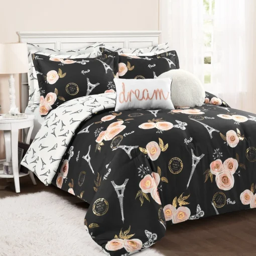 Vintage Paris Rose Butterfly Script Comforter Set