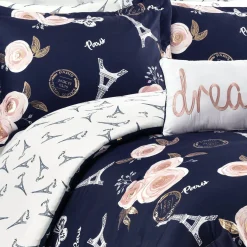 Vintage Paris Rose Butterfly Script Comforter Set