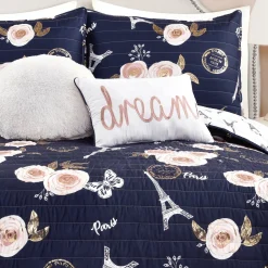 Vintage Paris Rose Butterfly Script Quilt Set