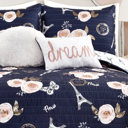 Vintage Paris Rose Butterfly Script Quilt Set