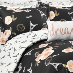 Vintage Paris Rose Butterfly Script Comforter Set