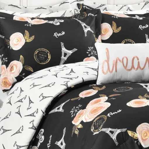 Vintage Paris Rose Butterfly Script Comforter Set