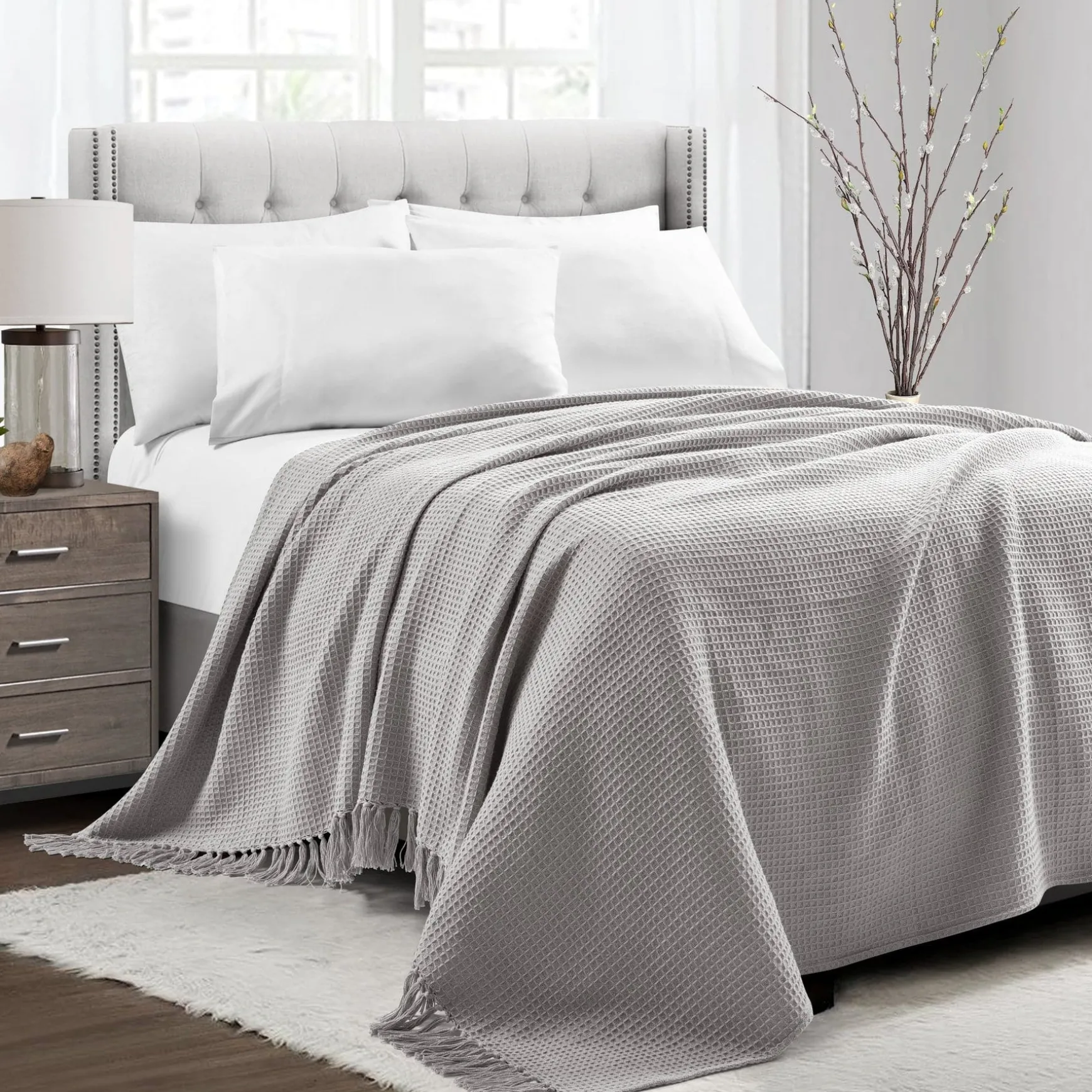 Waffle Cotton Knit Tassel Fringe Blanket/Coverlet