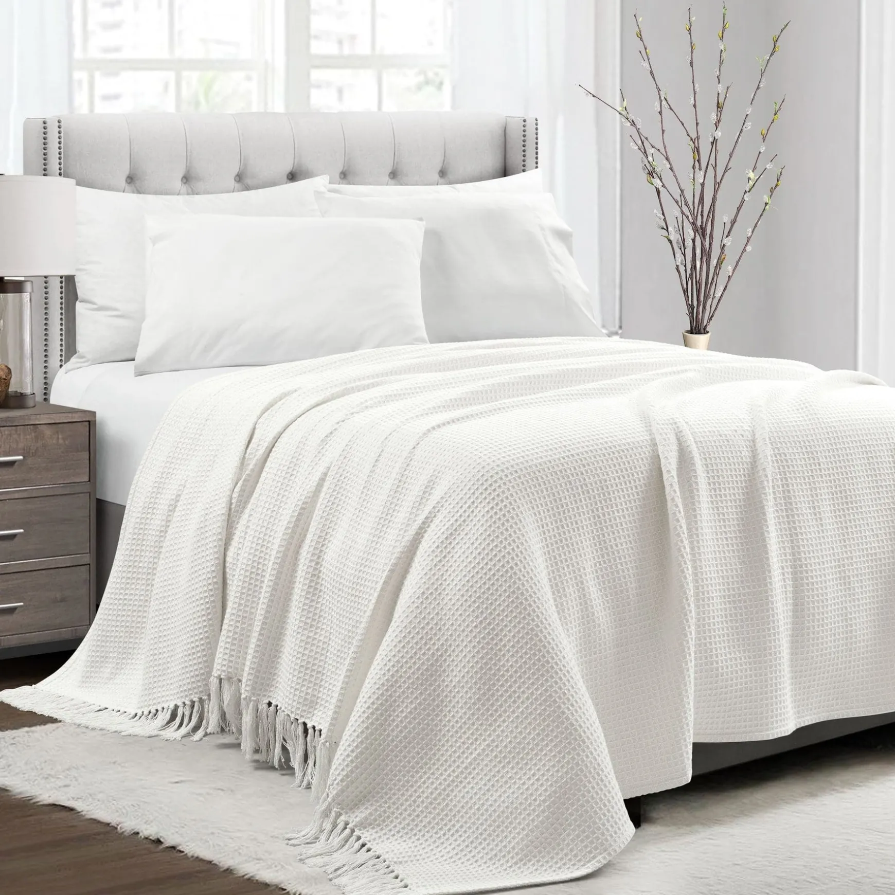 Waffle Cotton Knit Tassel Fringe Blanket/Coverlet