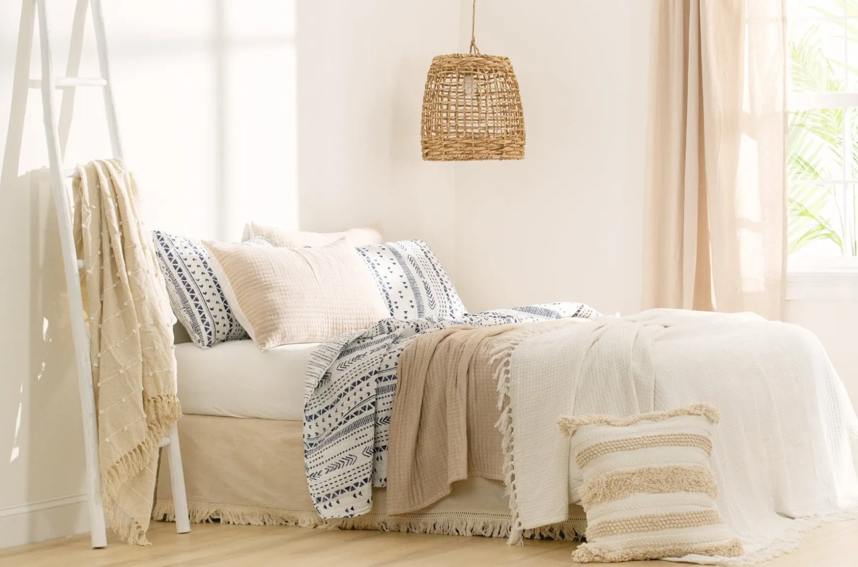 Waffle Cotton Knit Tassel Fringe Blanket/Coverlet