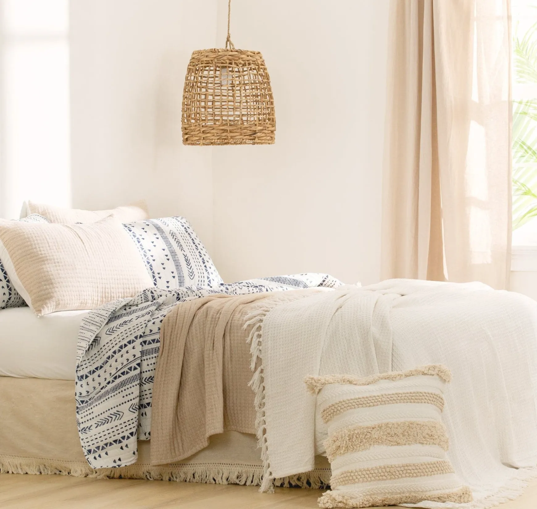 Waffle Cotton Knit Tassel Fringe Blanket/Coverlet