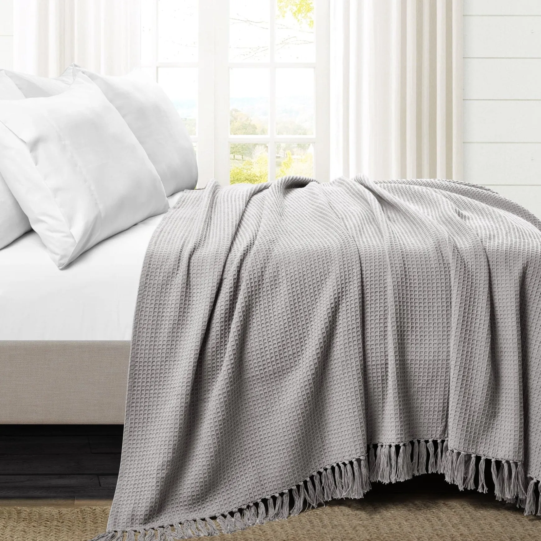 Waffle Cotton Knit Tassel Fringe Blanket/Coverlet