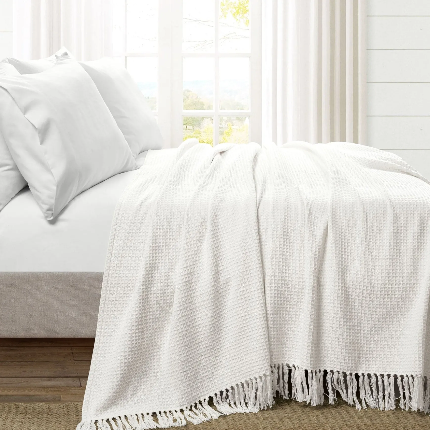 Waffle Cotton Knit Tassel Fringe Blanket/Coverlet